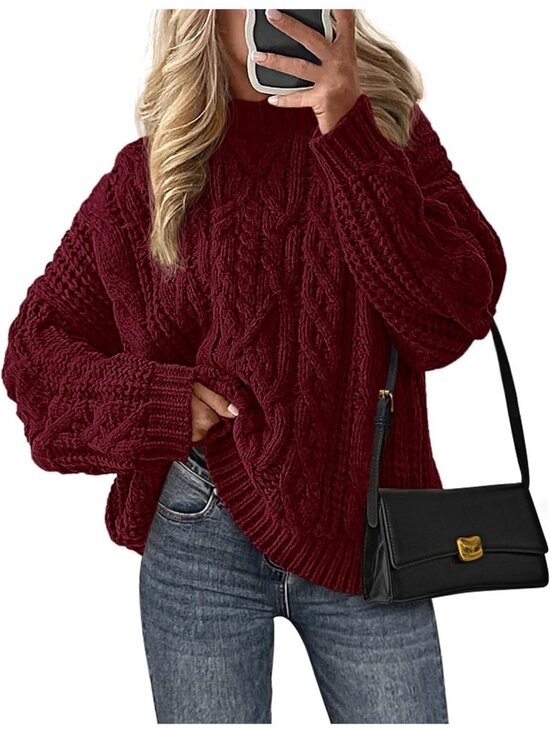 Sweaters - Women's Burgundy Cozy Long Sleeve Loose Fitting Classic Crew Neck Fall Sweaters